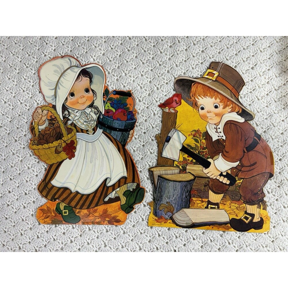 Vintage Die Cut 2 Sided Thanksgiving Pilgrim Boy and Girl 14” Hallmark 1979